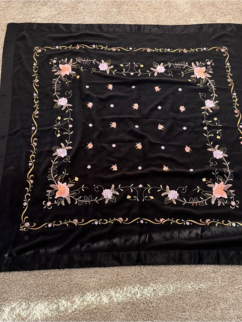 100% Silk Hand Embroidered Black Floral Scarf - lilac & Peach Roses